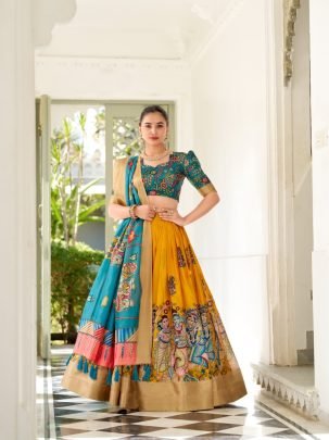 Designer Yellow Dola Silk Kalamkari Print Lehenga With Printed Turquoise Dupatta And Blouse
