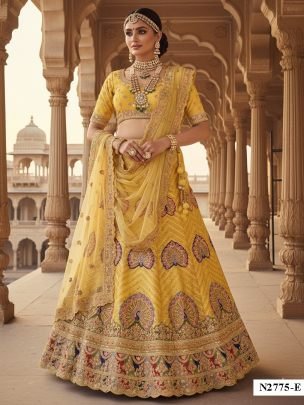 Designer Yellow Georgette Heavy Embroidery And Thread Work Lehenga With Net Dupatta