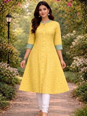 Designer Yellow Rayon Cotton Table Print Kurti With One Side Pocket