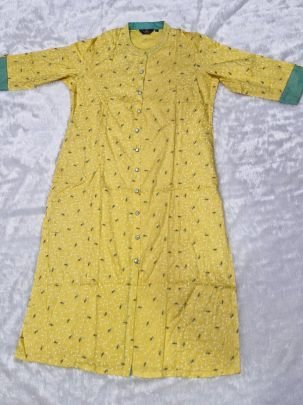 Designer Yellow Rayon Cotton Table Print Kurti With One Side Pocket