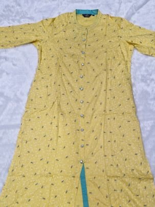 Designer Yellow Rayon Cotton Table Print Kurti With One Side Pocket