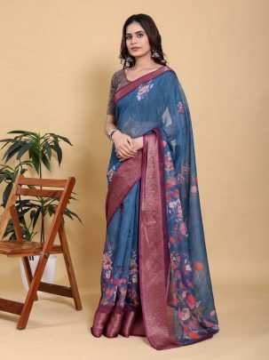 Digital Floral Printed Teal Blue Saree With Maroon Zari Border