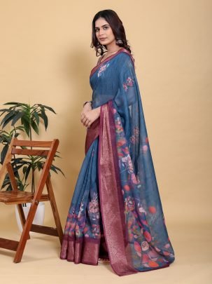 Digital Floral Printed Teal Blue Saree With Maroon Zari Border