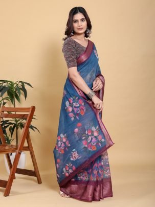 Digital Floral Printed Teal Blue Saree With Maroon Zari Border