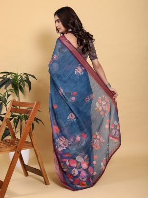 Digital Floral Printed Teal Blue Saree With Maroon Zari Border