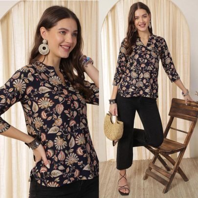 Digital Print  Black Colour Western Top