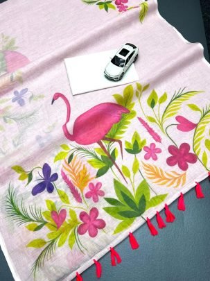 Digital Printed Baby Pink Linen Saree With  Bangaloiry Satin White Blouse