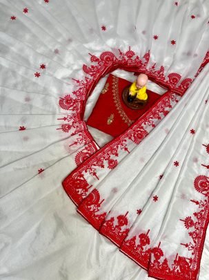 Durgapooja Special Blooming Embroidery Work Saree