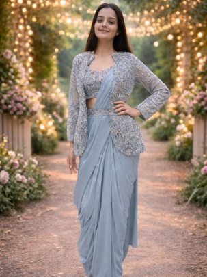 Dusty Blue Embroidered Jacket Saree Set