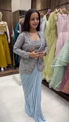Dusty Blue Embroidered Jacket Saree Set