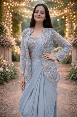 Dusty Blue Embroidered Jacket Saree Set
