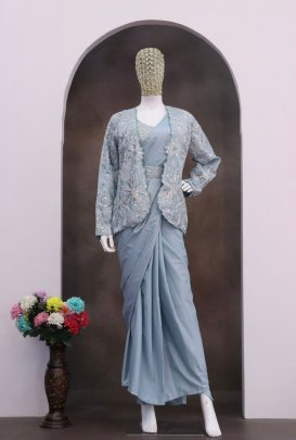 Dusty Blue Embroidered Jacket Saree Set
