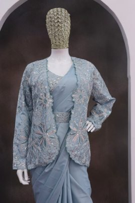 Dusty Blue Embroidered Jacket Saree Set