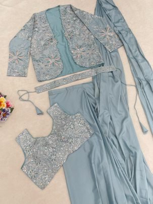 Dusty Blue Embroidered Jacket Saree Set