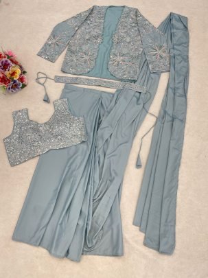 Dusty Blue Embroidered Jacket Saree Set
