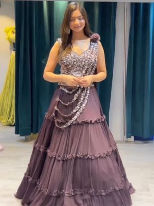 Dusty Purple Floral Frilled Lehenga Choli