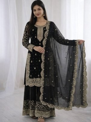 Eid Special Black Fendy Silk Palzzo Suit With Embroidery Lace Border Dupatta