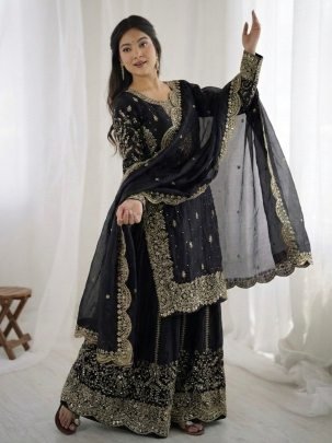 Eid Special Black Fendy Silk Palzzo Suit With Embroidery Lace Border Dupatta