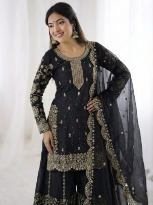 Eid Special Black Fendy Silk Palzzo Suit With Embroidery Lace Border Dupatta