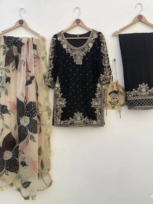 Eid Special Black Gmy Silk Plazzo Suit With Sequence Embroidery Dupatta