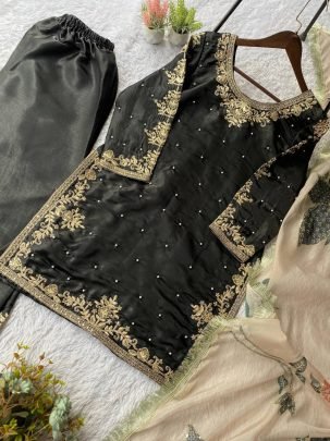 Eid Special Black Gmy Silk Plazzo Suit With Sequence Embroidery Dupatta