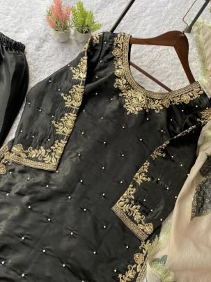 Eid Special Black Gmy Silk Plazzo Suit With Sequence Embroidery Dupatta