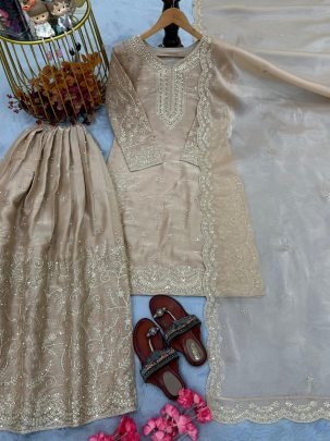 Eid Special Cream Pure Gmy Silk Plazzo Suit With Sequence Coding Dori Work Dupatta