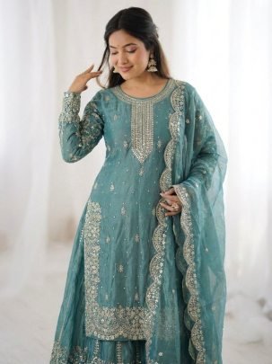 Eid Special Fendy Silk Teal Blue Palzzo Suit With Embroidery Sequence Work Dupatta