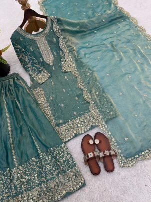 Eid Special Fendy Silk Teal Blue Palzzo Suit With Embroidery Sequence Work Dupatta