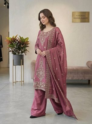 Eid Special Pink Gmy Silk Embroidered Sharara Suit With Beads Work Dupatta