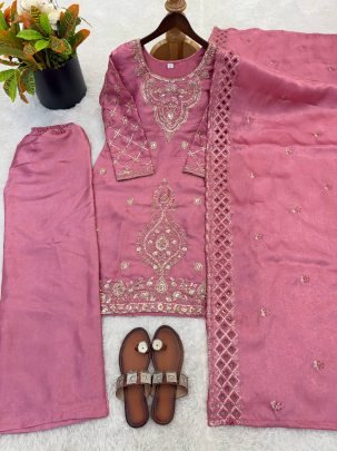 Eid Special Pink Gmy Silk Embroidered Sharara Suit With Beads Work Dupatta