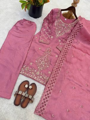 Eid Special Pink Gmy Silk Embroidered Sharara Suit With Beads Work Dupatta