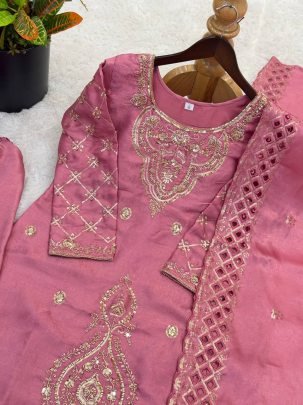 Eid Special Pink Gmy Silk Embroidered Sharara Suit With Beads Work Dupatta