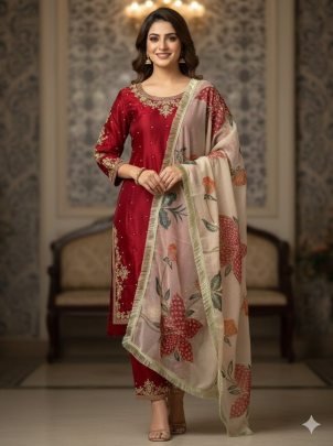Eid Special Premium Gmy Silk Plazzo Suit With Sequence Embroidery Dupatta