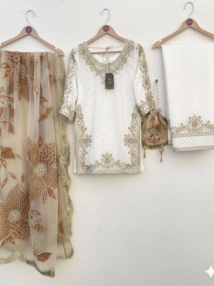 Eid Special Premium White Gmy Silk Plazzo Suit With Sequence Embroidery Dupatta