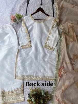 Eid Special Premium White Gmy Silk Plazzo Suit With Sequence Embroidery Dupatta