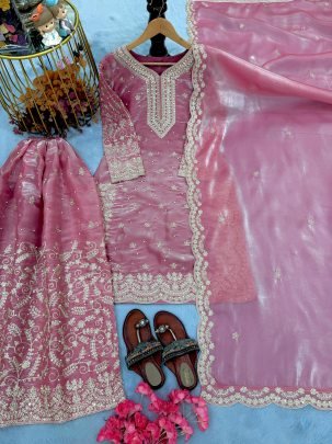 Eid Special Pure Gmy Silk Embroidered Plazzo Suit With Sequence And Coding Dori Work Dupatta
