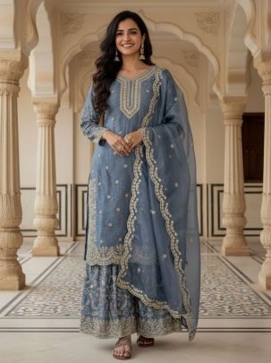 Eid Special Pure Gmy Silk Plazzo Suit With Sequence And Coding Dori Work Dupatta
