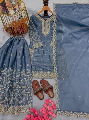 Eid Special Pure Gmy Silk Plazzo Suit With Sequence And Coding Dori Work Dupatta