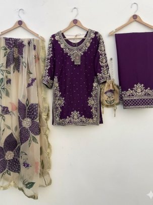Eid Special Silk Wine Plazzo Suit With Sequence Embroidery Dupatta