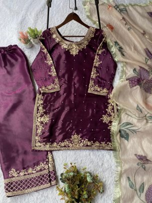 Eid Special Silk Wine Plazzo Suit With Sequence Embroidery Dupatta