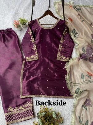 Eid Special Silk Wine Plazzo Suit With Sequence Embroidery Dupatta