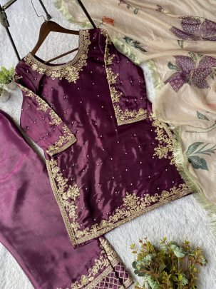 Eid Special Silk Wine Plazzo Suit With Sequence Embroidery Dupatta