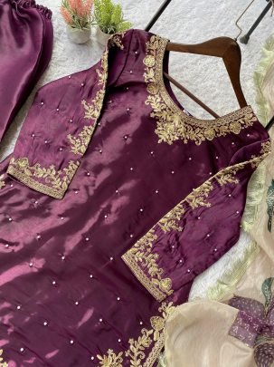 Eid Special Silk Wine Plazzo Suit With Sequence Embroidery Dupatta