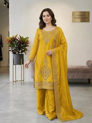 Eid Special Yellow Gmy Silk Embroidered Sharara Suit With Beads Work Dupatta