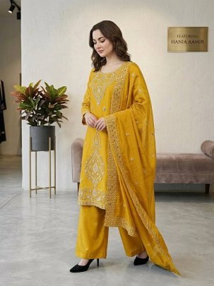 Eid Special Yellow Gmy Silk Embroidered Sharara Suit With Beads Work Dupatta