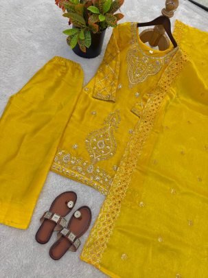 Eid Special Yellow Gmy Silk Embroidered Sharara Suit With Beads Work Dupatta