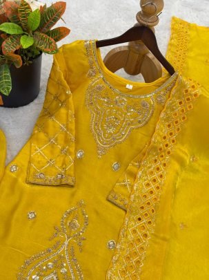 Eid Special Yellow Gmy Silk Embroidered Sharara Suit With Beads Work Dupatta