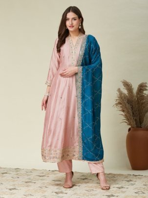 Elegant Baby Pink Vichhitra Silk Kurta Pant With Embroidery Work Navy Blue Dupatta
