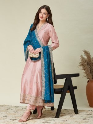 Elegant Baby Pink Vichhitra Silk Kurta Pant With Embroidery Work Navy Blue Dupatta